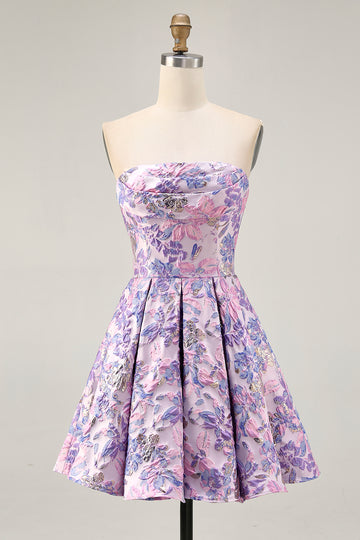 Strapless Floral Lilac A Line Homecoming Dress